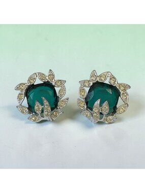 Vintage Coro Green & Clear Rhinestone Clip-On Earrings Silver-Tone Floral Design